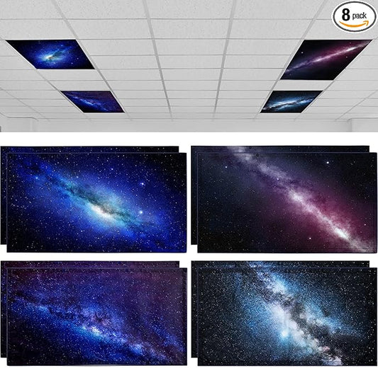 ROCEEI 8 Pack Fluorescent Light Covers, 4 x 2 Feet Magnetic Galaxy Covers Bulk for Ceiling Classroom Light, Reduce Glare, Easy Install, Filters for School, Home, Office, Hospitals Cubicle Decor