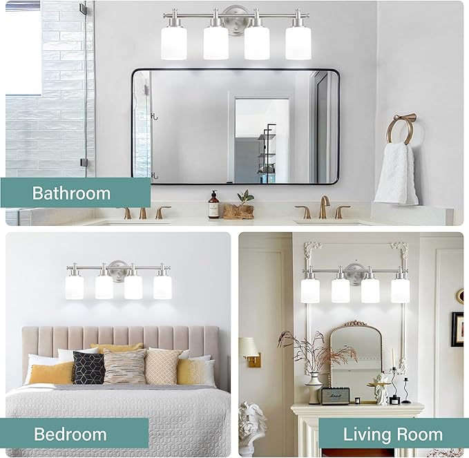 4-Light Bathroom Vanity Light, Brushed Nickel Vanity Light Fixture with White Frosted Glass Shades, Modern Anti-Rust Wall Sconce Over Mirror, Bathroom, Hallway (Bulbs Not Included, E26 Base)