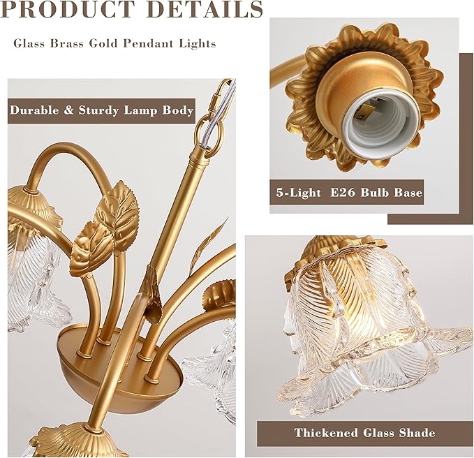 5-Light Vintage Chandeliers for Dining Room 25" Modern Gold Glass Chandelier Rustic Adjustable Pendant Light Fixture for Kitchen sland Living Room Bedroom