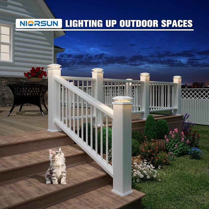 NIORSUN Solar Post Lights Outdoor, Fence Post Solar Lights Warm White, Waterproof, Garden Patio Fence Deck Decor, 4x4 Posts Cap Wood Vinyl, 5x5 Vinyl, White 6 Pack