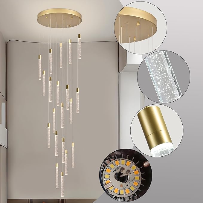 20-Light Gold High Ceiling Chandeliers Modern Crystal Chandeliers for Entryway Long Spiral LED Dimmable Chandelier Flush Mount Ceiling Staircase Foyer Living Room Ceilings Light Fixture