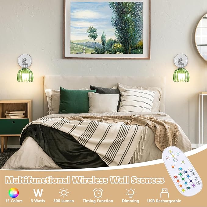 Vintage Battery Operated Wall Sconce, Green Tulip Glass Lampshade Wireless Rechargeable Battery Powered LED Wall Light with Remote Dimmable for Bedside Bedroom Living Room, Silver, Set of 2