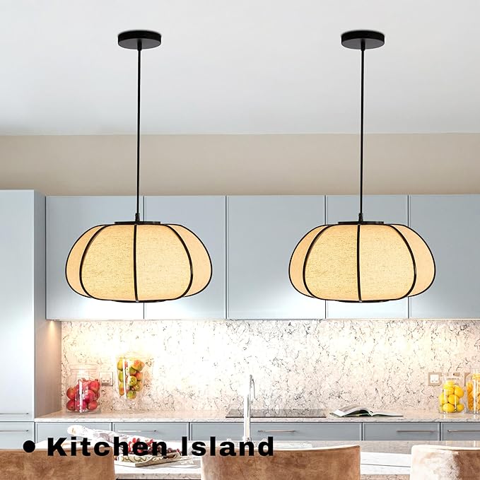 15" Bamboo Pumpkin Pendant Light, Adjustable 71" Hanging Lamp with Boho Japandi Fabric Shade, Ceiling Light for Dining Room, Kitchen, Bedroom, E26 Base (Black Color)