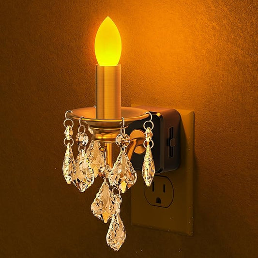 Briignite Candle Night Lights Plug into Wall, LED Amber Night Light with Dusk to Dawn Sensor, 0-100LM Dimmable, Decorative Gold Candle-Style Nightlight for Bedroom, Bathroom, Hallway, Stairway