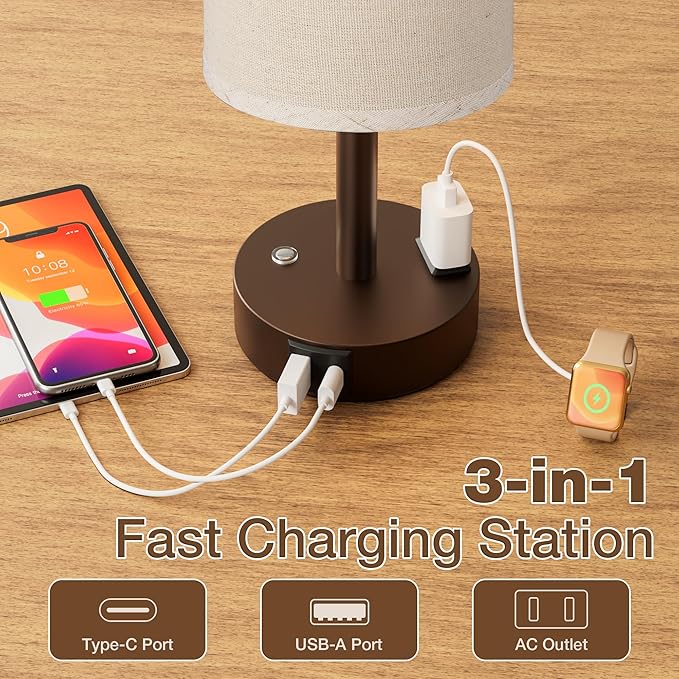 Touch Bedside Table Lamp with Memory - Stepless Dimmable Lamp for Bedroom, Small Nightstand Lamp with Dual USB Charging Ports and AC Outlet, Wood Night Light, Deak Lamp for Nursery (Beige & Brown)