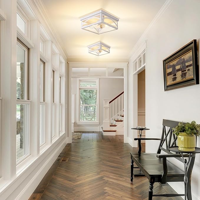 Rustic Flush Mount Ceiling Light Fixture, Farmhouse Close to Ceiling Light Fixture for Hallway Porch Bedroom, Kitchen Lights Ceiling, 1 Pack, White, Hand-Finished Wood-Look