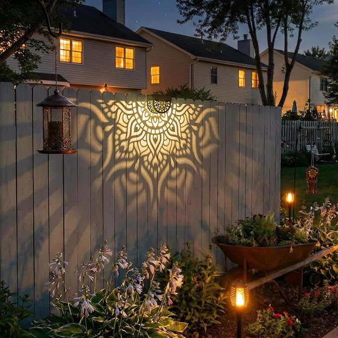 4 Pack Solar Fence Lights Outdoor Wall Lights Plastic Solar Powered Deck Step Stair Lights Mandala Theme Waterproof Fence Solar Light for Garden Post Patio Yard Decor, Gardening Gifts for Women Mom