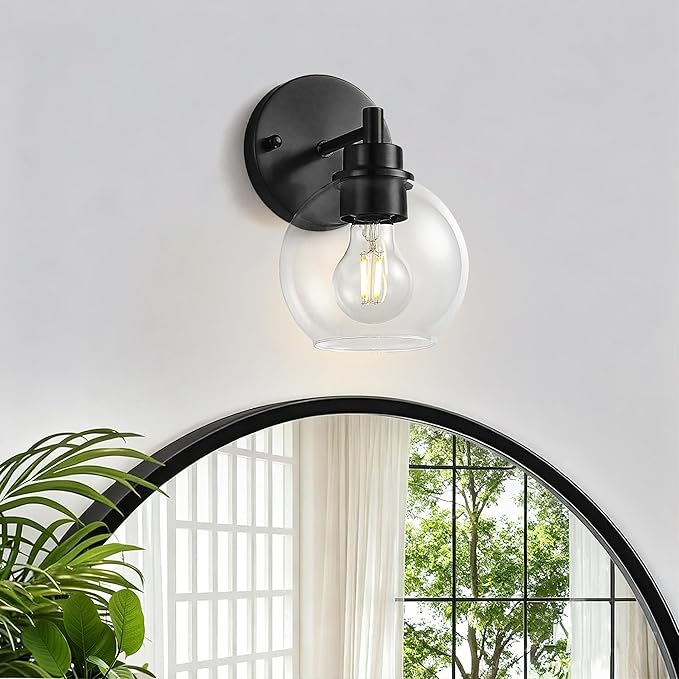 Black Bathroom Vanity Lights, 1-Light Wall Sconce with Glass Globe Shade, Vanity Lighting for Bathroom/Bedroom/Dressing Room, Vertical/Horizontal Mounted, E26 Bulb Base (Bulb Not Included)