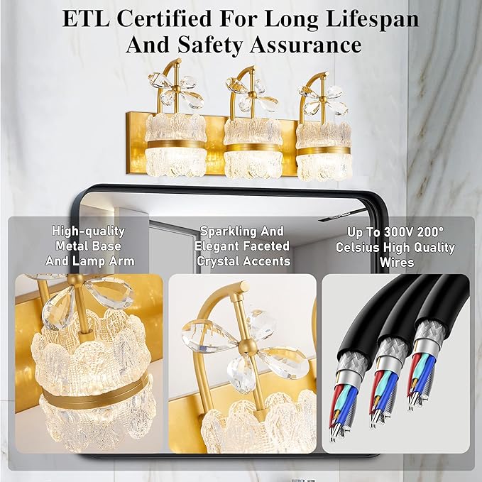 Bathroom Lights Over Mirror - Makeup Lighting Gold - Bathroom Vanity Light with Acrylic Shades for Bath, Makeup Desk, Farmhouse, Hallway, 3-Light