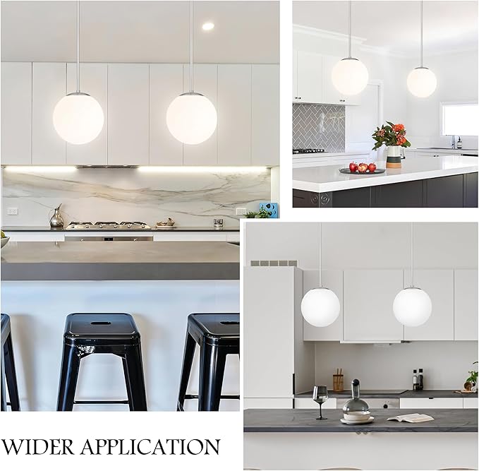Bagood 10 Inch Globe Pendant Light Nickel Globe Pendant Lights Kitchen Island Mid Century Light Fixture with Milky White Glass Contemporary Adjustable Hanging Lights for Dining Room (Bulb Included)