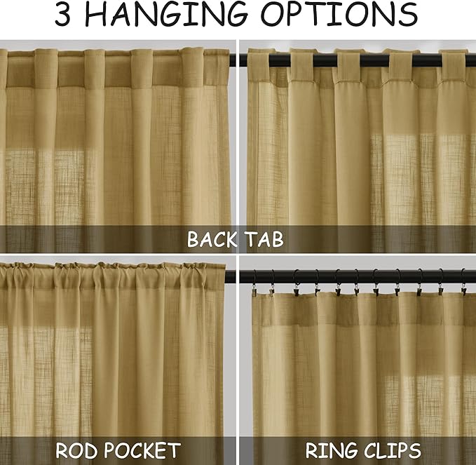 Gold Linen Curtains 90 Inch Long 2 Panels Set for Bedroom Living Room Linen Textured Window Drapes Semi Sheer Light Filtering Rod Pocket Back Tab Cotton Textured Farmhouse Curtain 52x90