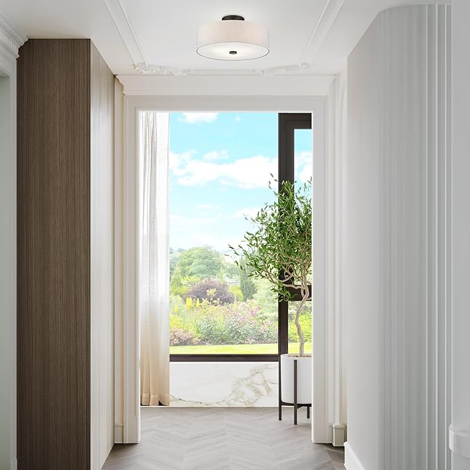 Livex Lighting 52135-92 Meridian Collection 3-Light Semi Flush Mount Ceiling Fixture with Oatmeal Color Fabric Hardback Drum Shade and Satin White Diffuser, English Bronze