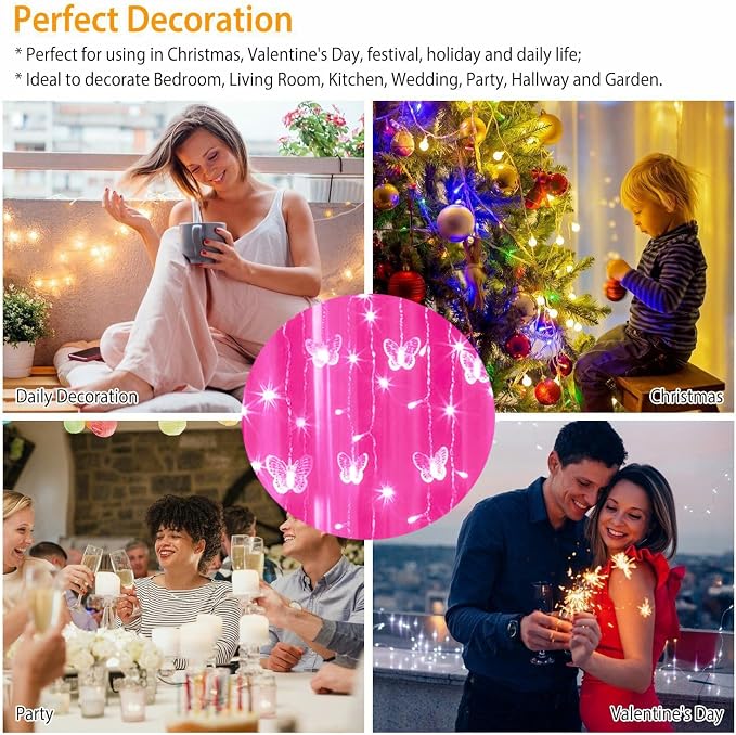 Lainin USB Powered String Light 13FT 96LED Curtain Light 16 Butterflies Strings 8 Mode Fairy Light Strip for Party Indoor Outdoor Room Garden Wall Wedding Christmas Xmas Decorations (Pink)