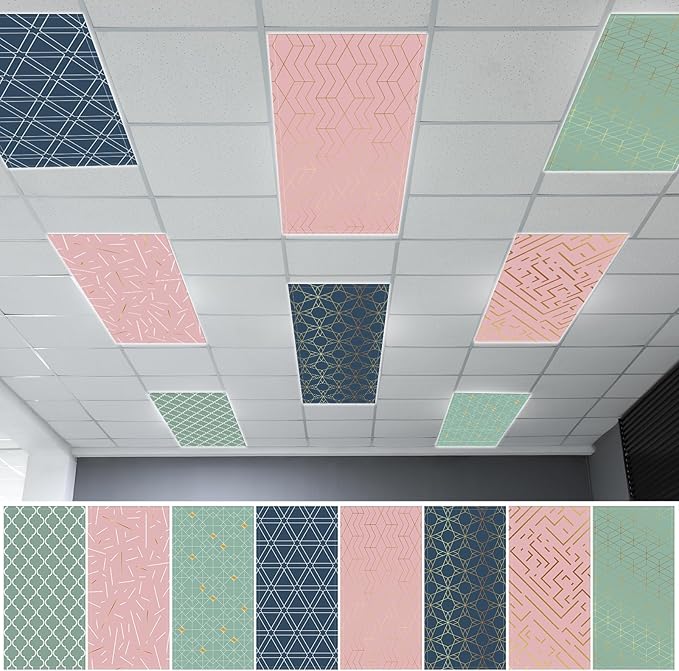 8Pcs Fluorescent Light Covers for Classroom Ceiling Lights,4 x 2 Feet Inspirational Sayings Magnetic Light Cover for Office Hospitals Home Drop Ceiling Windows Decorations (Geometric)
