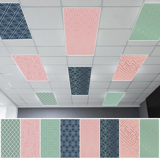 8Pcs Fluorescent Light Covers for Classroom Ceiling Lights,4 x 2 Feet Inspirational Sayings Magnetic Light Cover for Office Hospitals Home Drop Ceiling Windows Decorations (Geometric)