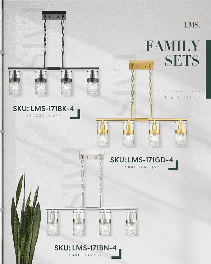 LMS 4-Light Brushed Gold Island Chandelier Lights for Kitchen, Mid Century Pendant Light with Hammered Glass Shade, Farmhouse Dining Room Light Fixture, Kitchen Island, LMS-171GD-4
