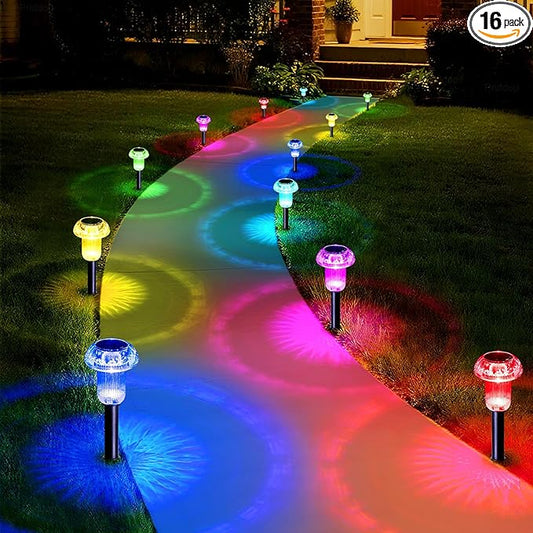 Priddop Solar Lights Outdoor Waterproof 16 Pack Color Changing LED Mushroom | Garden Pathway Yard Patio Walkway Landscape Path Lights, Acrylic ABS, Ground Patterns, Replaceable Battery, Christmas Decor