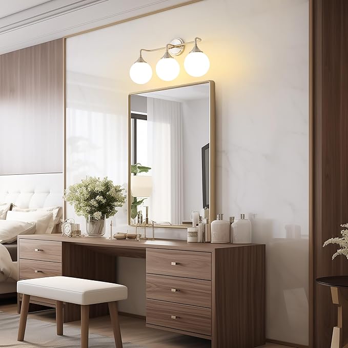 Brushed Nickel Vanity Lights Fixtures, 3-Light Bathroom Vanity Lighting Over Mirror, Modern Bathroom Wall Sconces with Milky White Glass Ball Shades