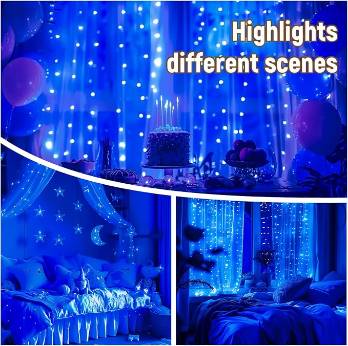 HXWEIYE 300LED Untangled Curtain Lights, 9.8x9.8Ft USB Fairy Twinkle String Lights with Remote and DIY Timer, 8 Modes Window Wall Hanging Light for Bedroom Dorm Backdrop Room Decor, Blue