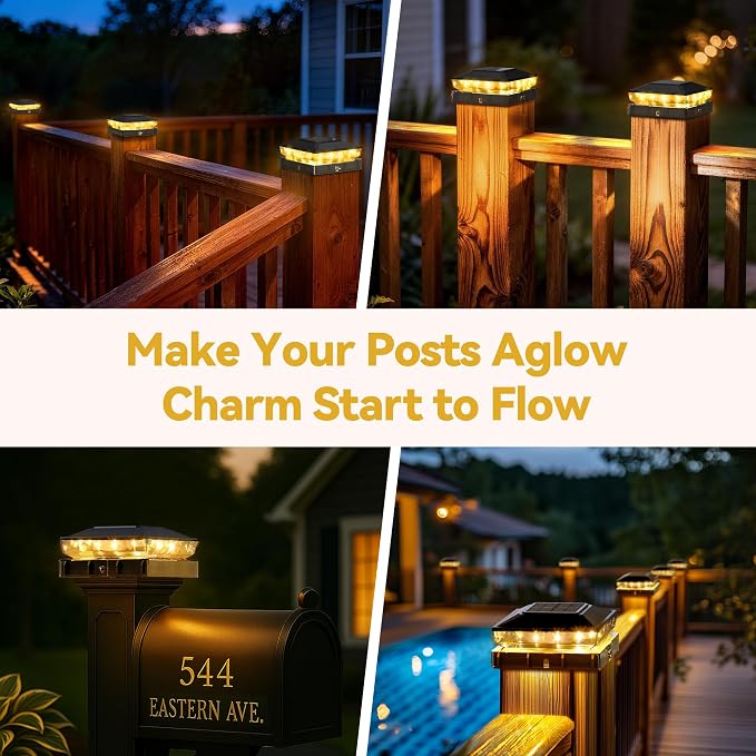 KEILAIMO Solar Post Cap Lights Outdoor, 12 Pack Upgraded Waterproof Deck Fence Post Solar Lights for 3.5x3.5 4x4 5x5 Vinyl/Wood Posts, 10-12 Hours Warm/Cool White Glow for Garden/Patio/Porch - Black