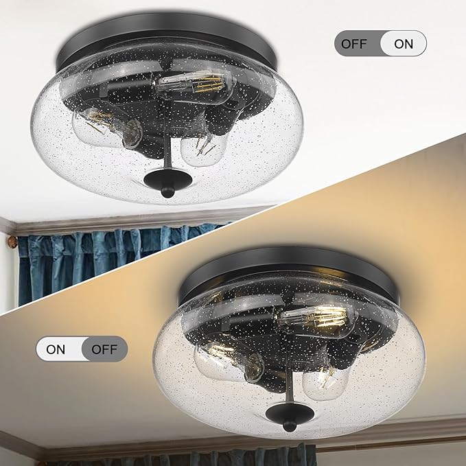 Darkaway Large Ceiling Light Fixtures 3-Ight Flush Mount Indoor Outdoor Ceiling Light with Seeded Glass Shade for Hallway Kitchen Bedroom Porch Living Room Dining Room Black Finish