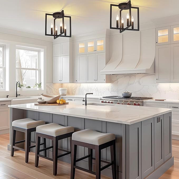 Semi Flush Mount Ceiling Light Fixture, 4-Light Black Ceiling Light Fixture, Modern Farmhouse Industrial Close to Ceiling Lights for Kitchen Living Room Bedroom Hallway Foyer