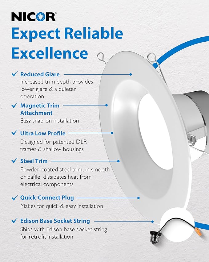 Recessed Ceiling Lights LED Downlight - Dimmable 5/6 inch LED Recessed Light Fixtures - Selectable CCT 2700K-5000K, 918 Lumens, 10.3W - DLR56 Retrofit Ceiling Light, White, 12-Pk by NICOR Lighting