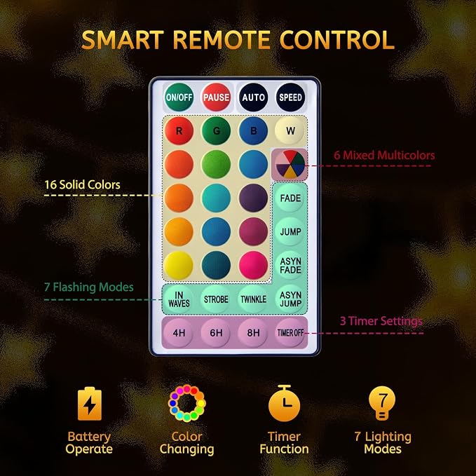 Minetom Star String Lights Battery Operated - 17 ft 50 LED Color Changing Star Fairy Light with Remote and Timer, 16 Single Colors and 7 Modes Starry Lights for Bedroom Dorm Tent Bed Patio Christmas
