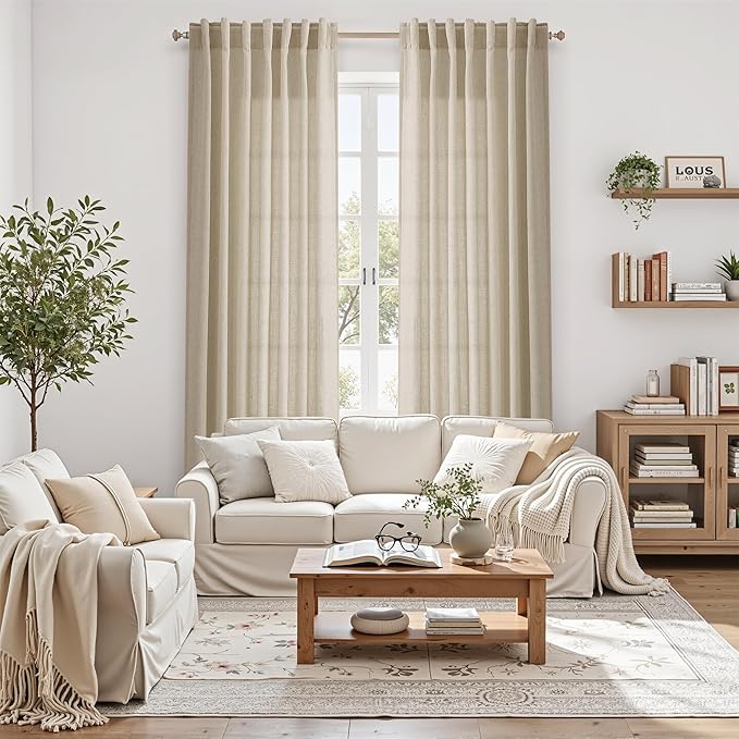 Nanspring Eggshell Beige Curtains 108 Inches Long for Living Room Linen Light Filtering Semi Sheer Curtain Back Tab Rustic Decor Neutral Floor to Ceiling High Window for Bedroom 52x108, 2 Panels