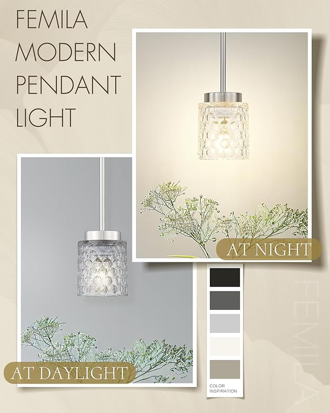 FEMILA 3 Pack Brushed Nickel Pendant Lighting,4" Mini Glass Pendant Light for Kitchen Island, Pendant Light Vintage Light Fixtures for Bedroom, Hotel, Dining Room, 4FY86MIL-3PK BN