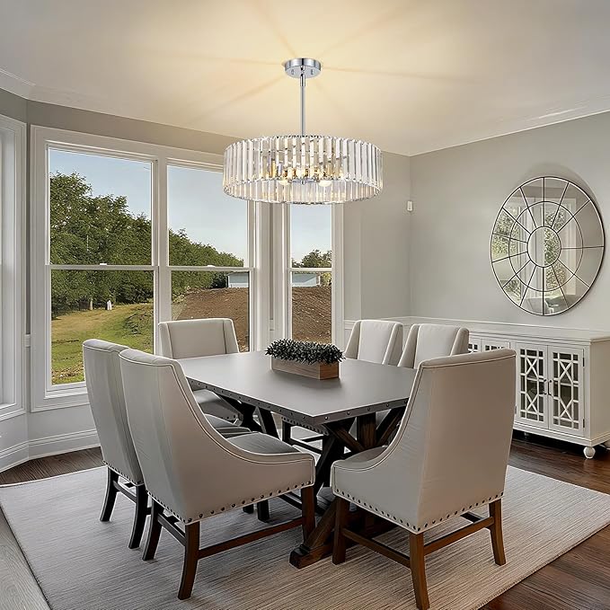 Chrome Crystal Ceiling Light Fixture, Modern Semi Flush Chandelier, Round Hanging Lighting Chandeliers for Dining Room, Kitchen, Bedroom, 6-Light, 19.68 Inch