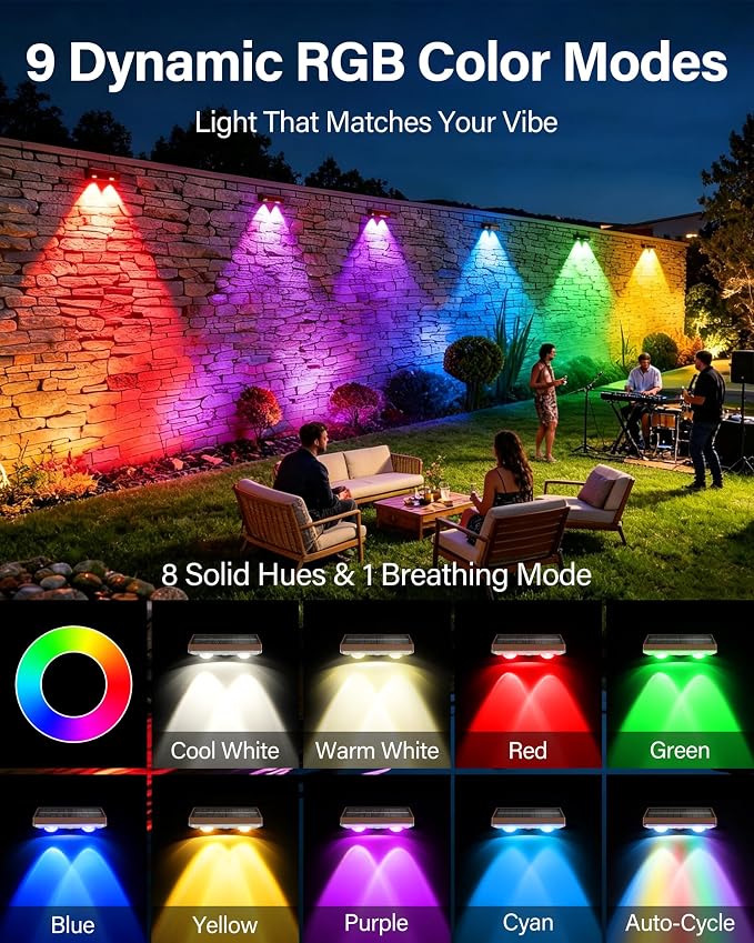 Solar Fence Lights Outdoor, Ultra-Bright 85LM Fence Lights Solar Powered, 9 RGB Color Modes, IP65 Waterproof, 12H Dusk to Dawn Glow for Pool/Deck/Patio/Wall/Backyard, 2 Pack, Matte Brown