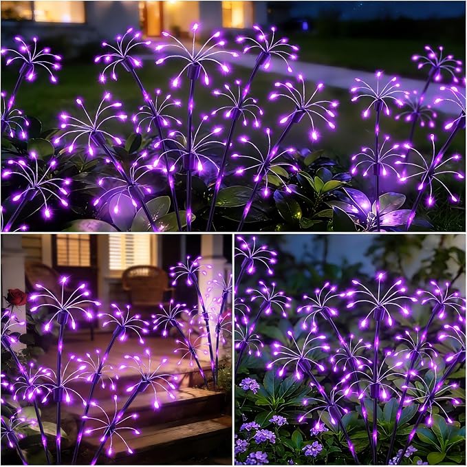 Solar Garden Lights Outdoor, 4 Pack 2-Layer Purple Solar Firework Lights, Waterproof Starburst Fairy Light Garden Decor for Yard Patio Pathway Lawn, Unique Gifts for Women Mom Grandma Mother's Day
