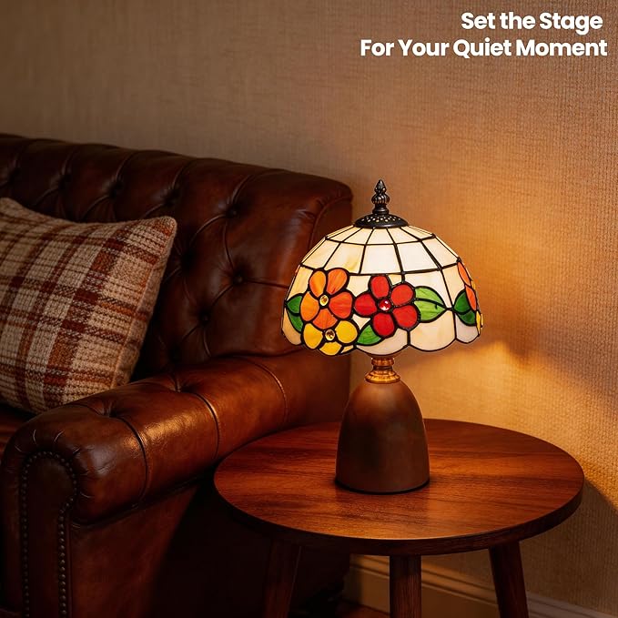 12.2" Tiffany Style Lamp, Handcrafted Stained Glass Sunflower Table Lamp with Spherical Solid Wood Base, 3-Color Dimmable Bedside Lamp for Nightstand & Bedroom, Vintage Aesthetic Accent Light