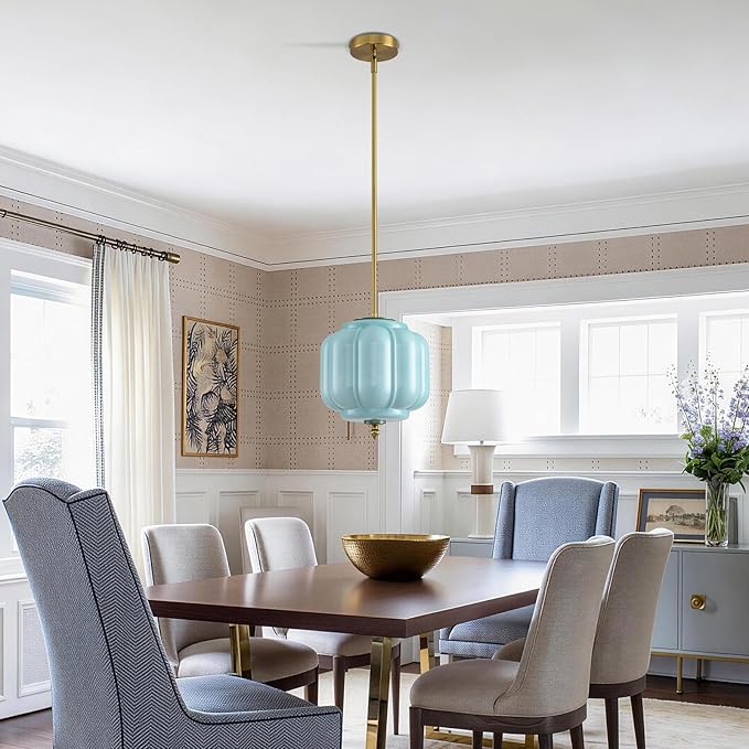Vintage Blue Glass Pendant Lights 9.8 Inch Mid Century Modern Hanging Ceiling Light, Adjustable Height Kitchen Island Hanging Lights for Dining Room, Kitchen, Hallway and Bedroom, E26 Base