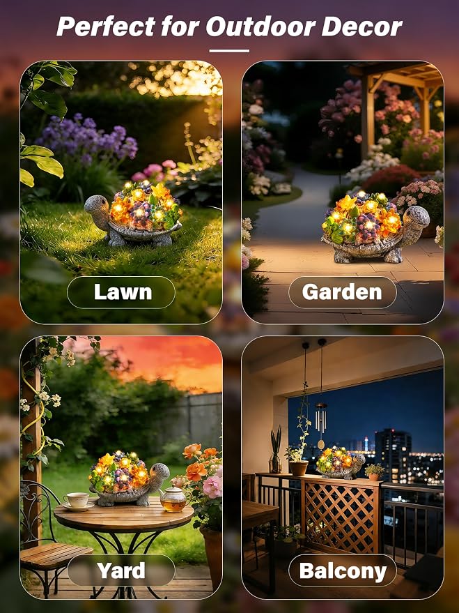 Guhope Solar Garden Statues, Outdoor Turtle Decor with Succulent and 8 LED Lights, Resin Outside Yard Figurine Decor for Garden, Yard, Lawn, Balcony, Porch, Gifts for Mom Grandma