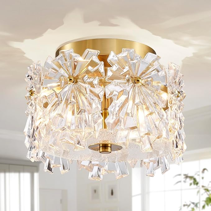 AGV LIGHTING Flush Mount Ceiling Light Fixture, Modern Gold Crystal Ceiling Light Fixture, D9 x H5, Shield Shaped Glass Shade