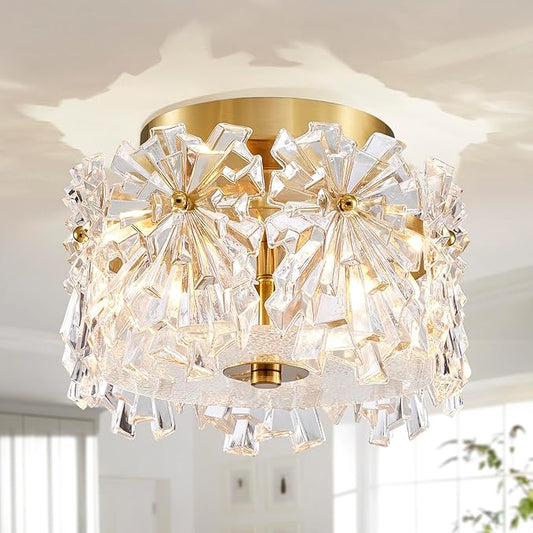 AGV LIGHTING Flush Mount Ceiling Light Fixture, Modern Gold Crystal Ceiling Light Fixture, D9 x H5, Shield Shaped Glass Shade