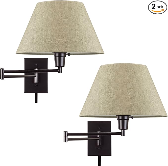 Kira Home Cambridge 15" Set of 2 Modern Swing Arm Wall Sconce with Latte Mocha Empire Fabric Shade, 2-in-1 Plug in or Hardwired Wall Lamp with 3-Way Switch, Black Finish