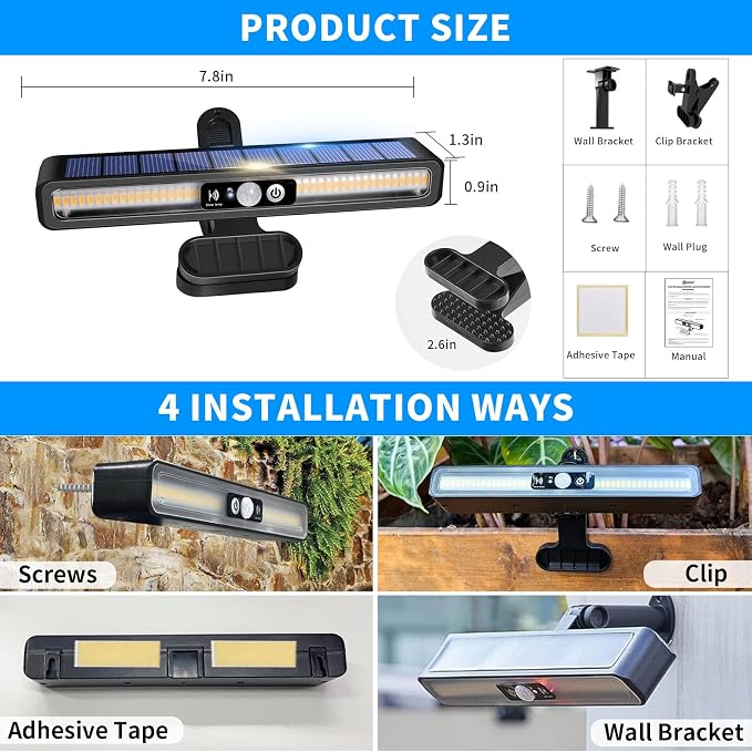 Clip On Solar Motion Lights Outdoor Waterproof, 4 Pack Motion Sensor Outdoor Lights with 36 LEDs, 3000K, Portable Solar Powered Security Light for Fence Garage Camping(Black)