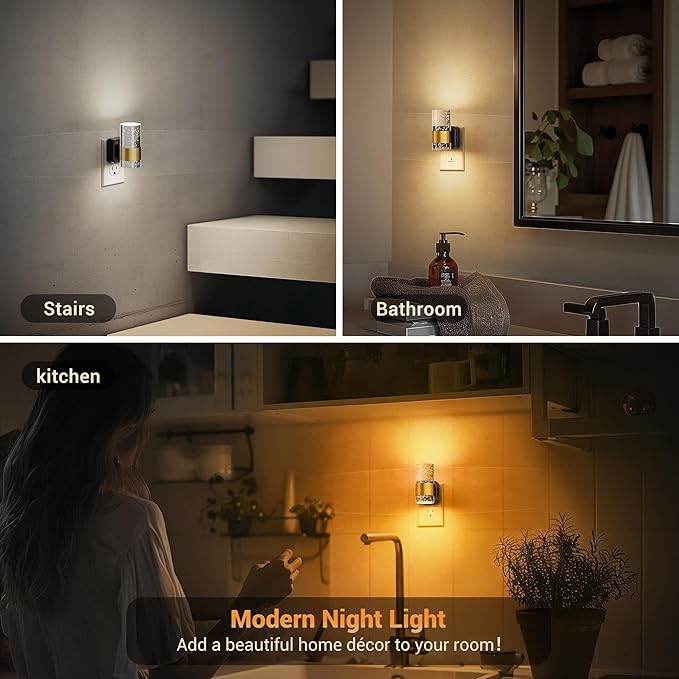 JandCase Night Lights Plug into Wall, 2 Pack 3CCT Color Changing Night Light, 10/50/100LM Adjustable Brightness Nightlight, Amber/3000K/5000K Nightlight with Dusk to Dawn Sensor for Home Decor