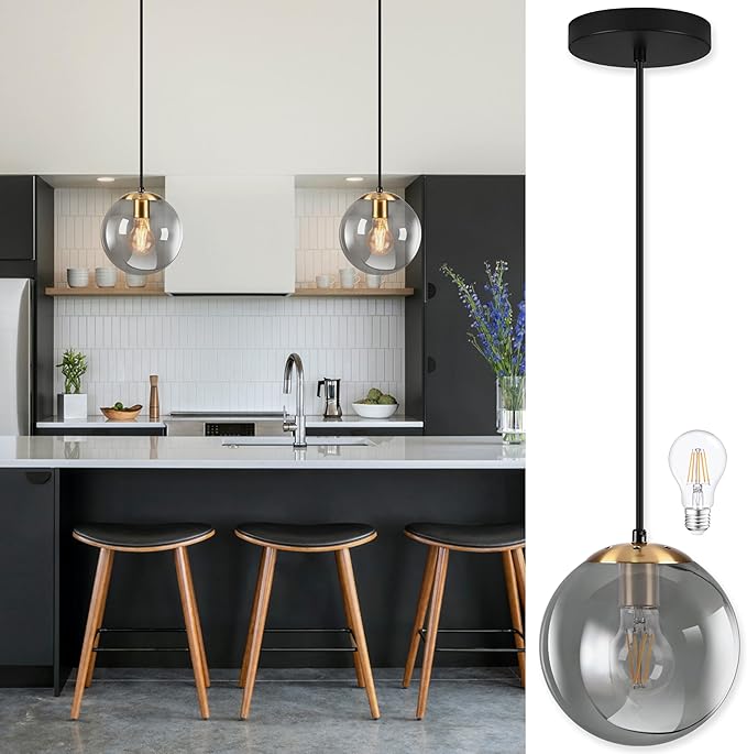 KoKo&Yukina 8 Inch Gold Pendant Light Globe Pendant Lights Kitchen Island Mid Century Light Fixture with Grey Glass Shade Adjustable Globe Cluster Lights for Dining Room Living Room