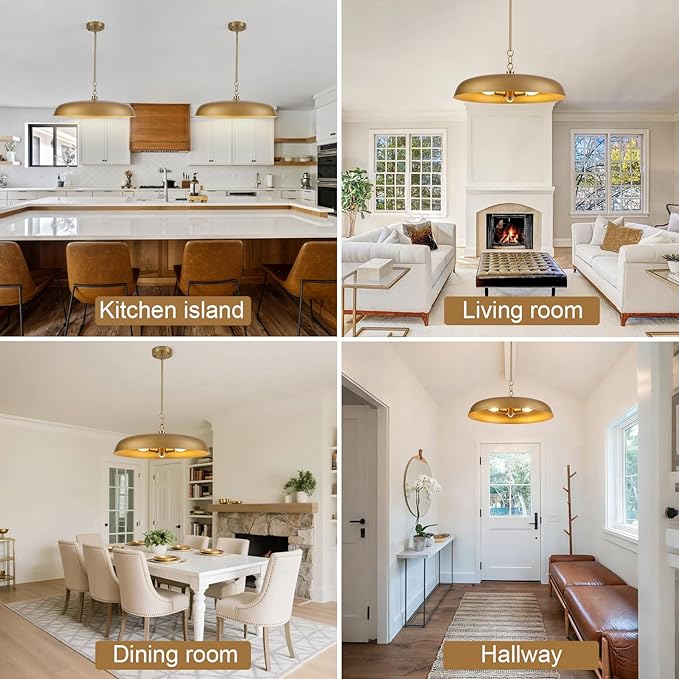 Large Gold Pendant Lights 20 Inch, 3-Lights Modern Brushed Gold Dome Chandelier, Farmhouse Pendant Lighting Fixture Ceiling Hanging Light for Kitchen Island, Dining Room, Cafe, Bar