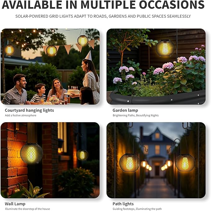 Modern Solar Mesh Globe Pendant Lights, LED Black Metal Hanging Spherical Lanterns with Edison Bulbs, Chain-Mounted, Indoor Outdoor (Black-4-Pack)
