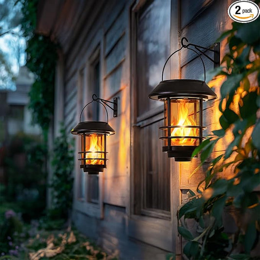 Otdair Solar Lanterns Outdoor Waterproof, 2 Pack Flickering Flames Wall Garden Decor , Hanging Solar Lights Wall Mount Decorations for Halloween, Front Porch, Patio, Yard