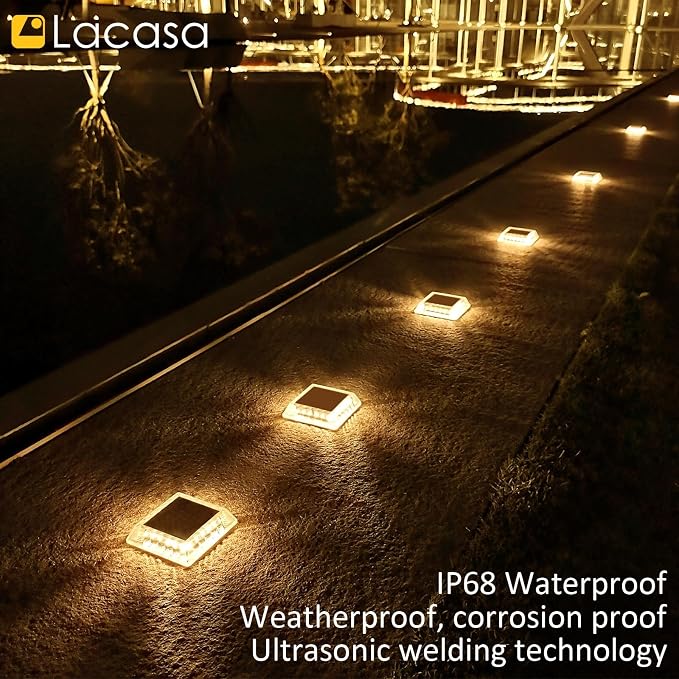 Lacasa Solar Deck Lights, 8 Pack 30LM LED Dock Lights Warm White 2700K, Outdoor Solar Powered Step Lights Light up All Night IP68 Waterproof Auto ON/Off for Garden Stairs Driveway Pathway Lighting