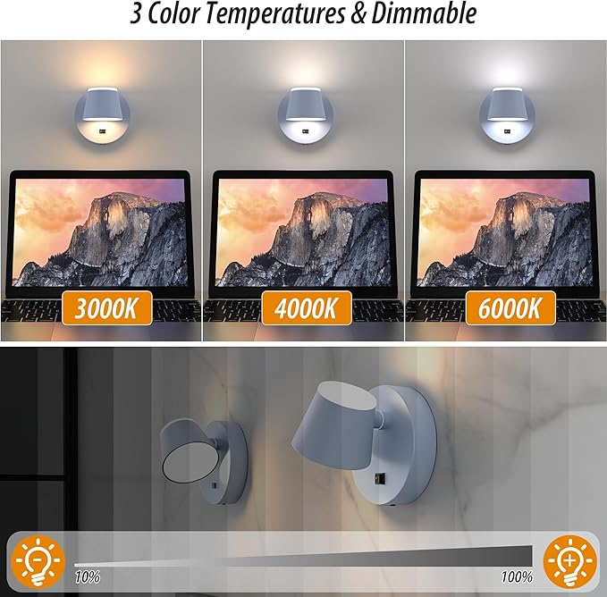 URSOLA Battery Operated Wall Sconce with Remote, LED Rechargeable Battery Wall Light with 9000mAh 3CCT and Dimmable Magnetic 360° Rotation Cordless Light for Bedroom（Blue）