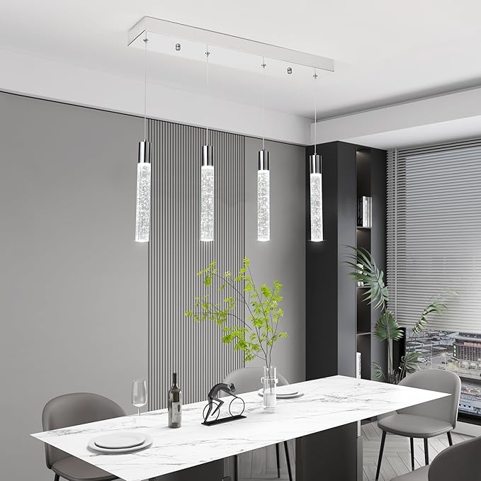 4-Light Chrome Integrated Crystal Pendant Chandelier,Dimmable LED Ceiling Light with Adjustable Height for Kitchen Island, Dining Room & Bedroom 3000K -6000K