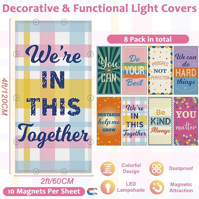 QOUBAI 8 Pcs Fluorescent Light Covers,4 x 2 Ft Magnetic Light Filters Inspirational Fluorescent Lights Shade Easy Install for Classroom Office Library Hospital Home Ceiling Positive