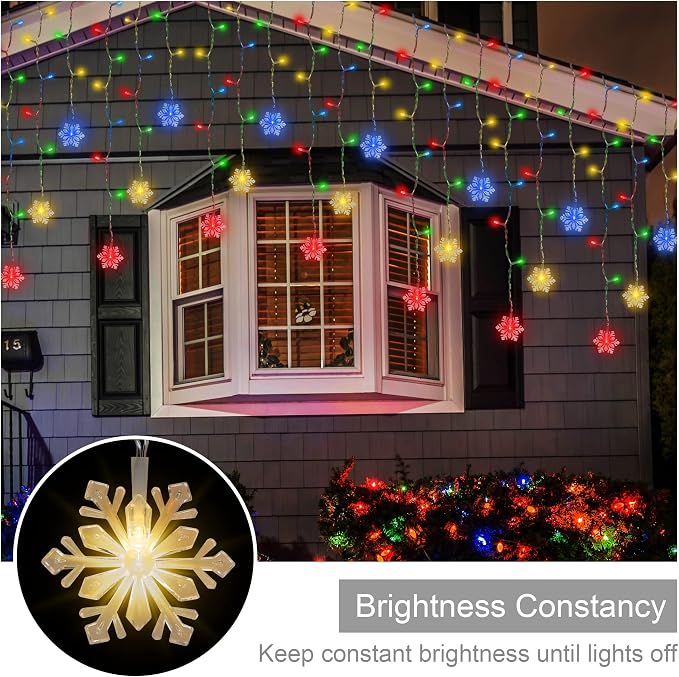 weillsnow 360 LED Icicle Christmas Lights with Snowflake, 29.5ft 72 Drops Connectable 8 Modes Waterproof Icicle Light Outdoor for Curtain, Eaves, Window, Christmas Decorations (Multi-Colored)